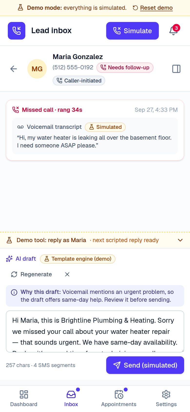 The Customer Recovery AI lead inbox on a phone, showing a missed call from a fictional customer and a suggested follow-up text ready for review.